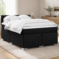 Queen Box Spring Bed with Pocket Mattress LED Lights Black Fabric Bedroom