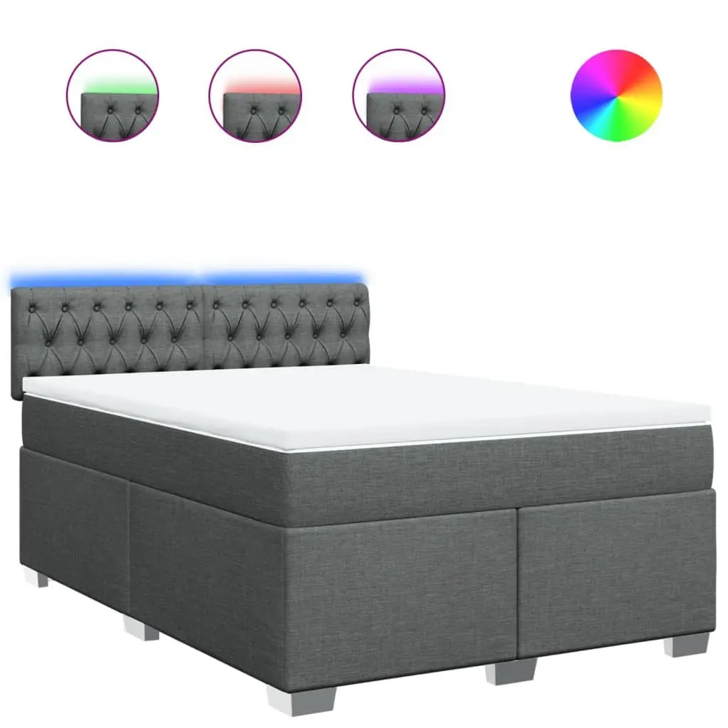 Queen Box Spring Bed Pocket Spring Mattress LED Lights Grey Fabric Frame