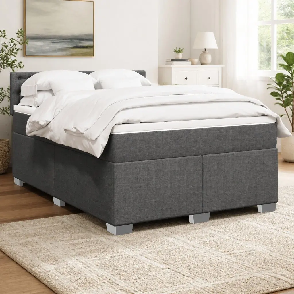 Queen Box Spring Bed with Pocket Spring Mattress and LED Lights Grey Fabric