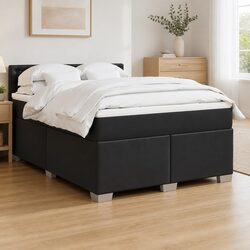 Double Box Spring Bed with Pocket Mattress LED Lights Black Faux Leather Frame