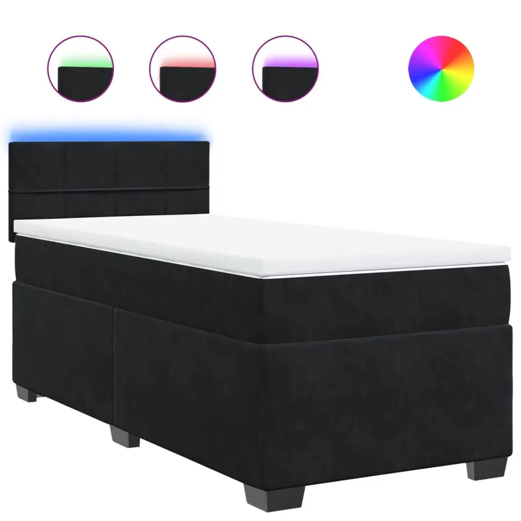 King Single Box Spring Bed with Pocket Spring Mattress and LED Lights Black Velvet