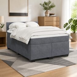 Double Box Spring Bed with Pocket Mattress LED Lights Grey Velvet