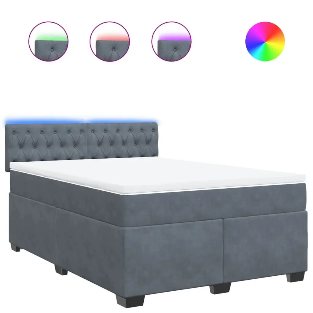 Queen Box Spring Bed with Pocket Spring Mattress and LED Lights Grey Velvet