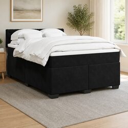 Queen Size Box Spring Bed with Pocket Spring Mattress LED Lights Black Velvet