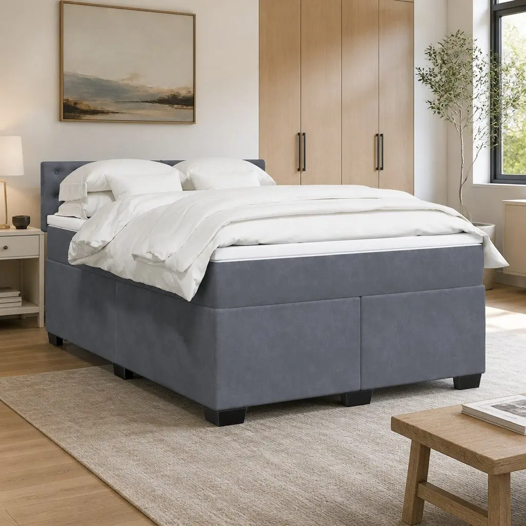 Queen Size Box Spring Bed with Pocket Sprung Mattress Grey Velvet LED Lights