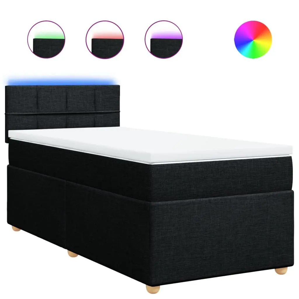 Box Spring Bed with Pocket Spring Mattress and LED Lights King Single Black Fabric