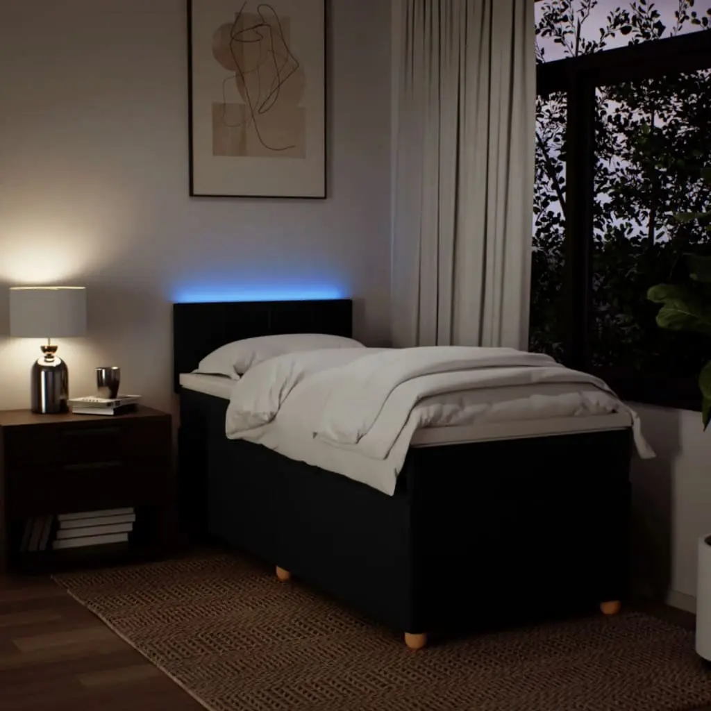Box Spring Bed with Pocket Spring Mattress and LED Lights King Single Black Fabric