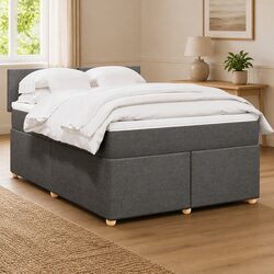 Double Box Spring Bed with Pocket Spring Mattress LED Lights Grey Fabric