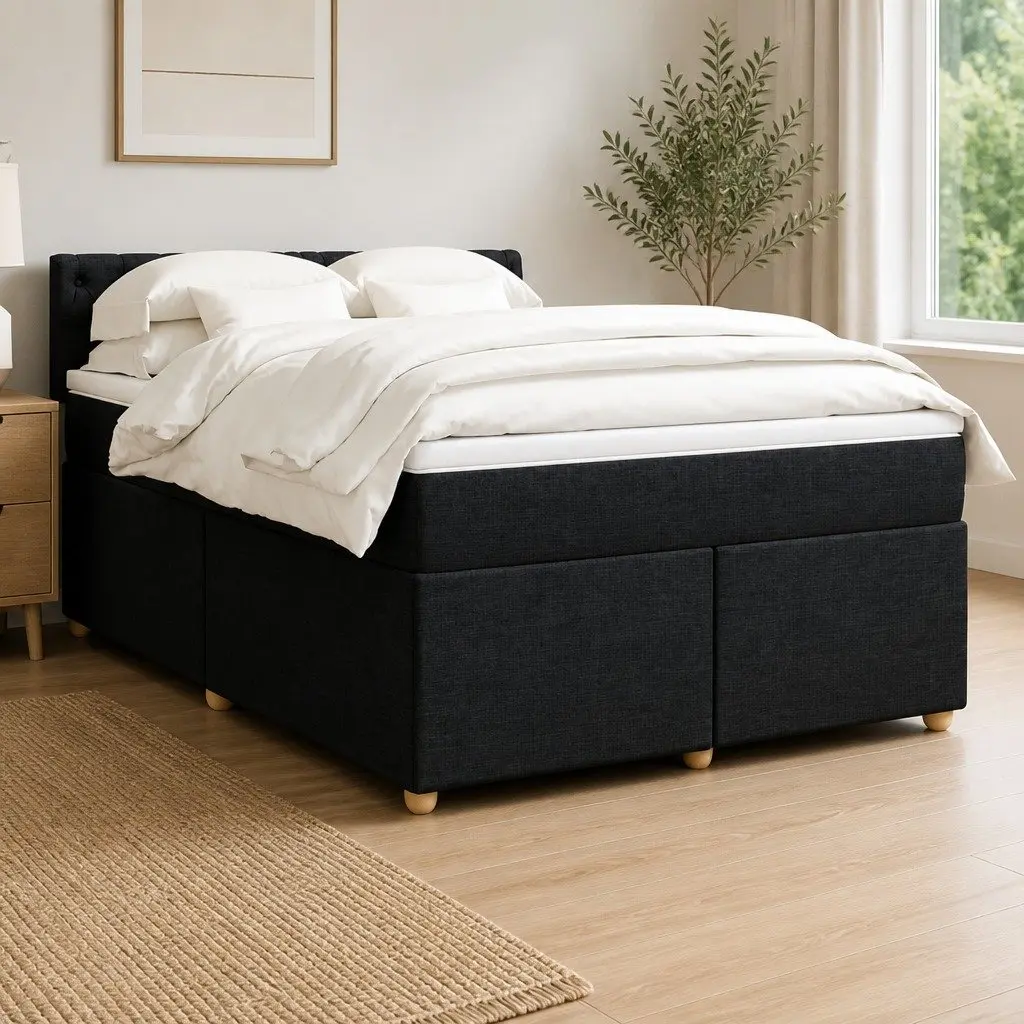 Double Box Spring Bed with Pocket Sprung Mattress and LED Lights Black Fabric
