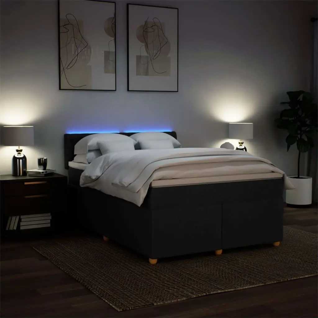 Double Box Spring Bed with Pocket Sprung Mattress and LED Lights Black Fabric