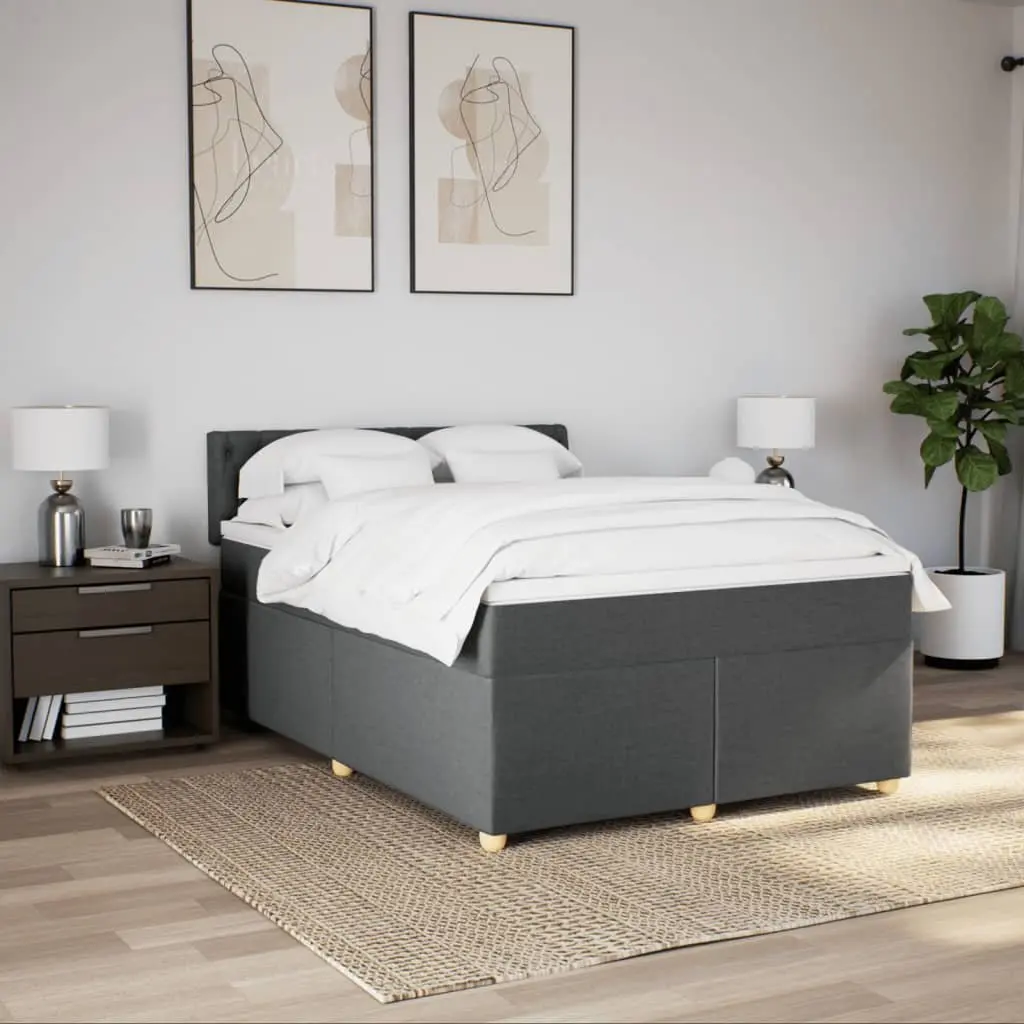 Box Spring Bed with Mattress Dark Grey Fabric LED Lights Queen Size