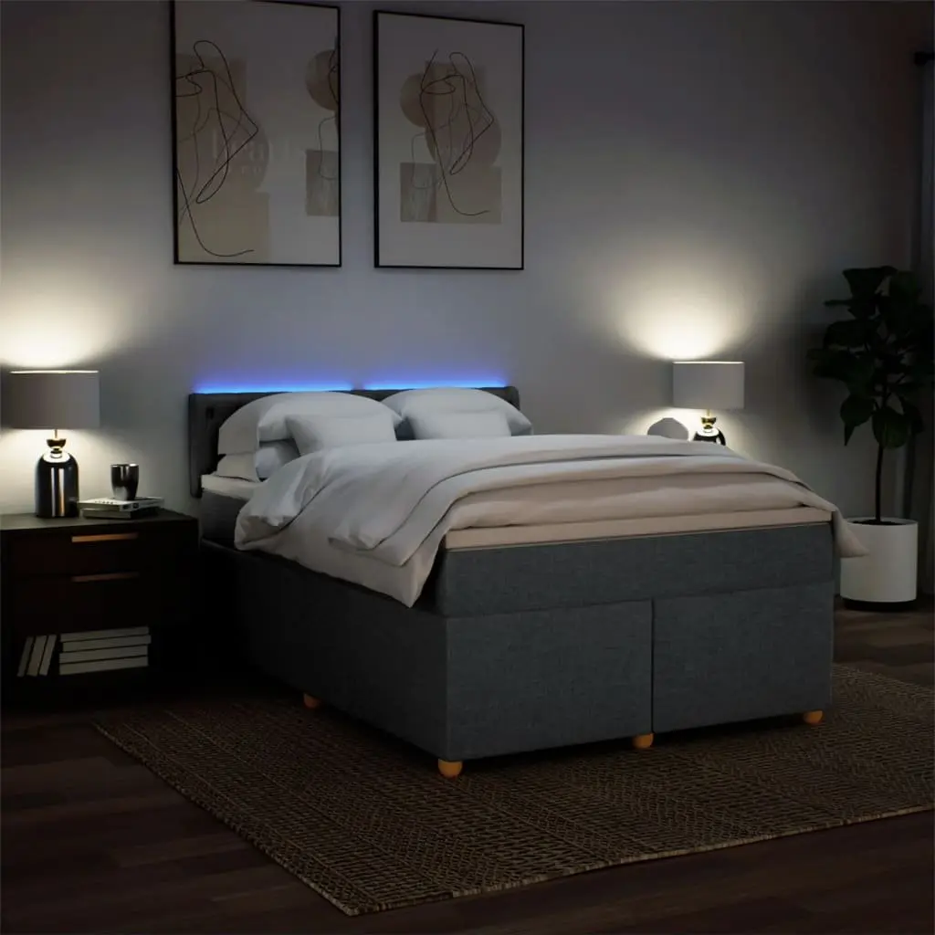 Box Spring Bed with Mattress Dark Grey Fabric LED Lights Queen Size