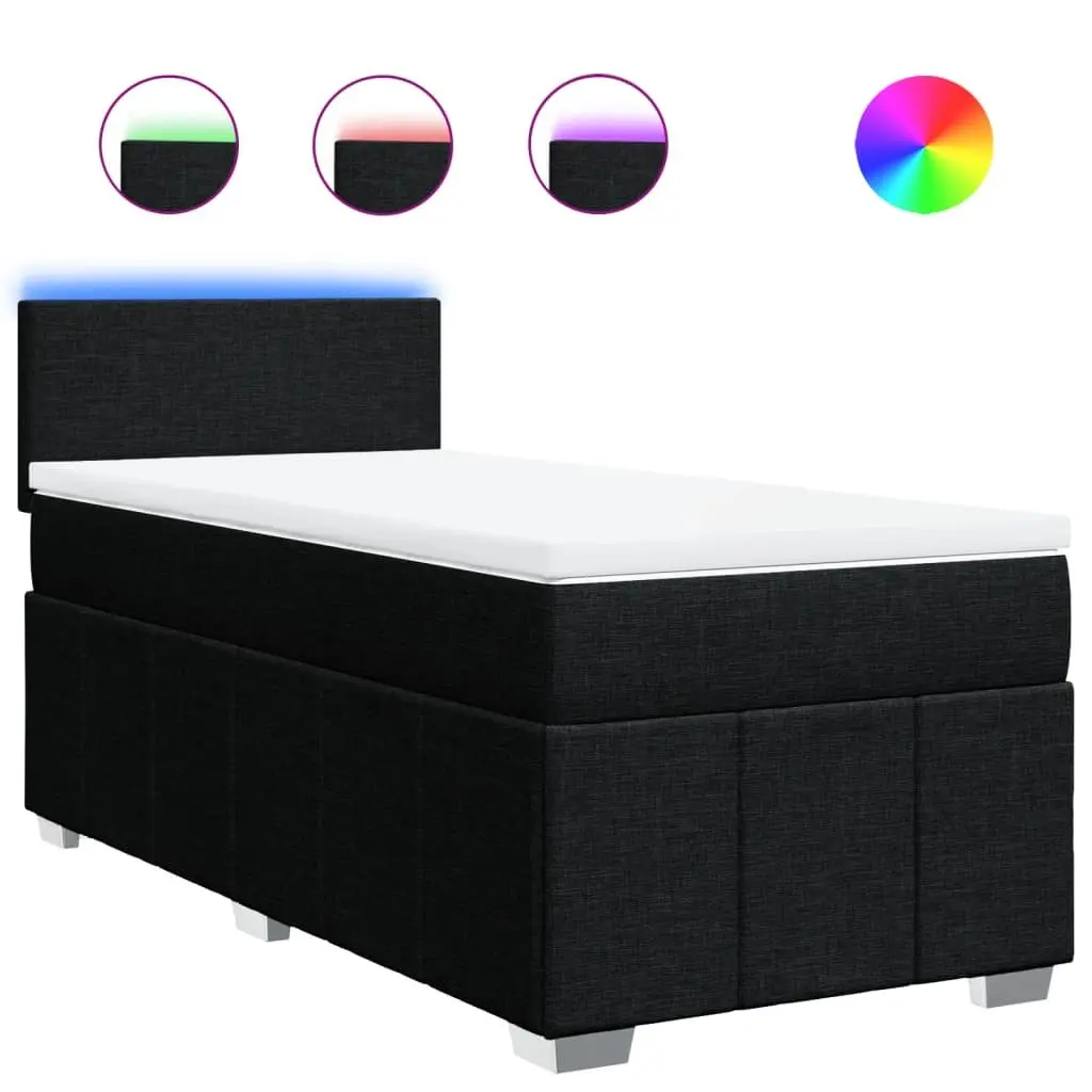 Box Spring Bed with Pocket Mattress LED Lights King Single Black Fabric
