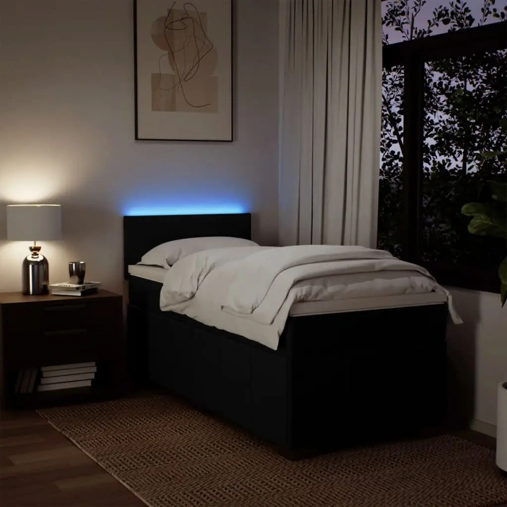 Box Spring Bed with Pocket Mattress LED Lights King Single Black Fabric