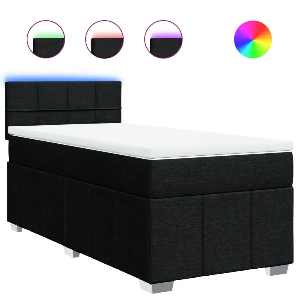 King Single Box Spring Bed with Pocket Mattress LED Lights Black Fabric