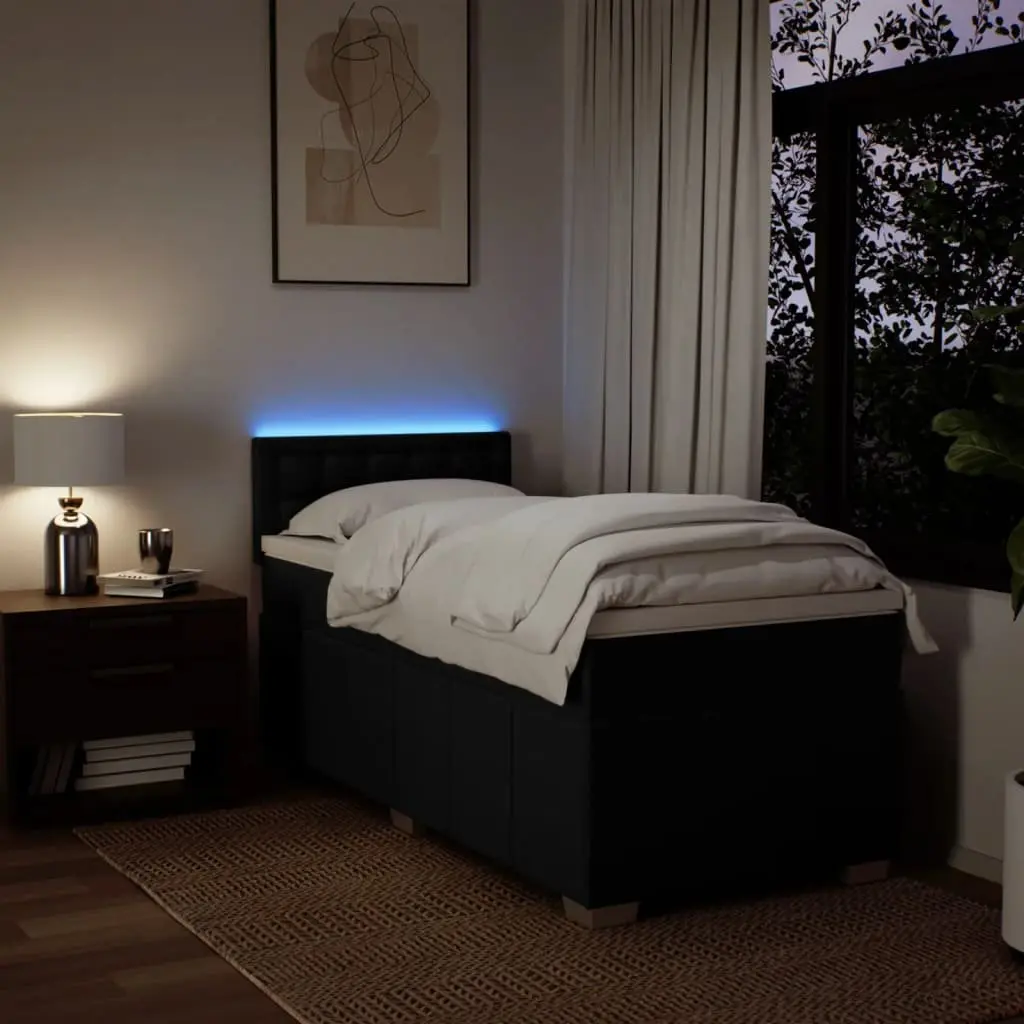 King Single Box Spring Bed with Pocket Mattress LED Lights Black Fabric
