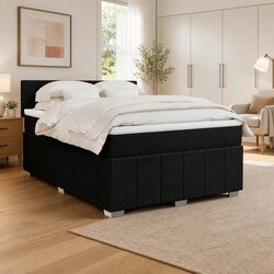 Double Box Spring Bed with Pocket Mattress and LED Lights Black Fabric