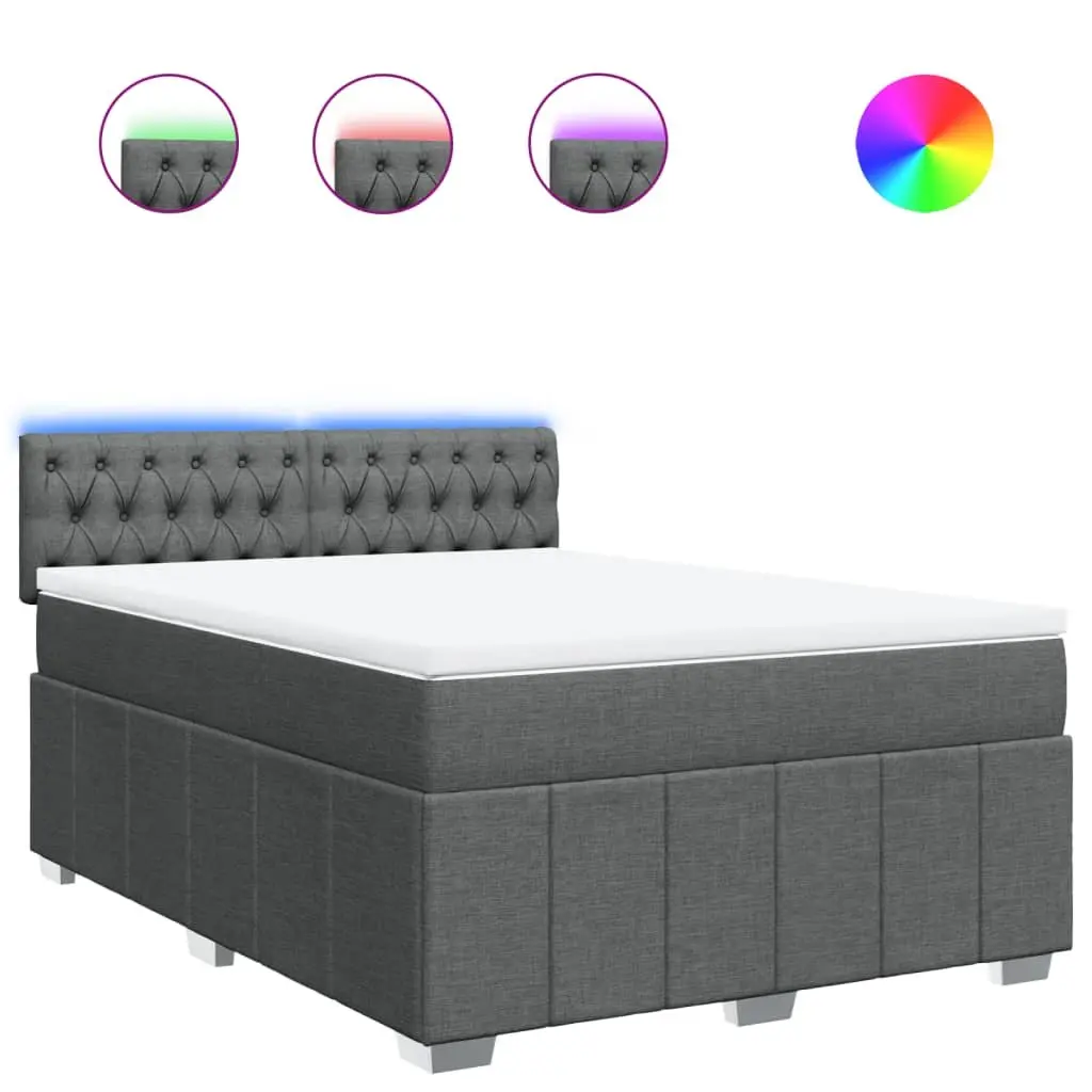 Queen Box Spring Bed with Mattress Dark Grey Fabric LED Light