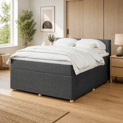Double Box Spring Bed with Pocket Mattress LED Light Grey Fabric Frame