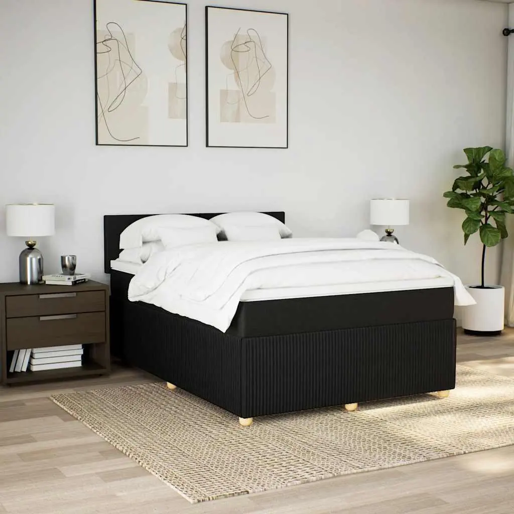 Double Box Spring Bed with Mattress Black Fabric LED Lights Double Size
