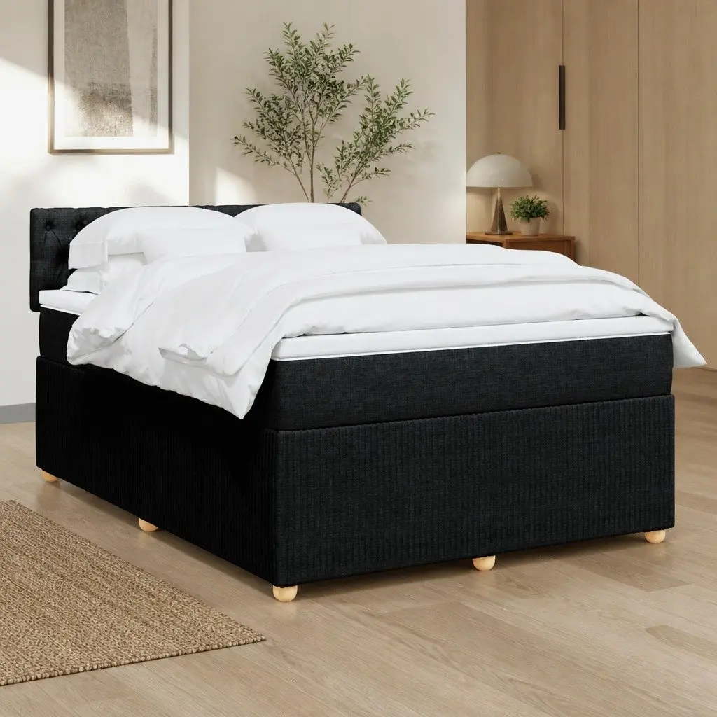 Double Box Spring Bed with Pocket Mattress Adjustable LED Lights Black Fabric Frame Double Size