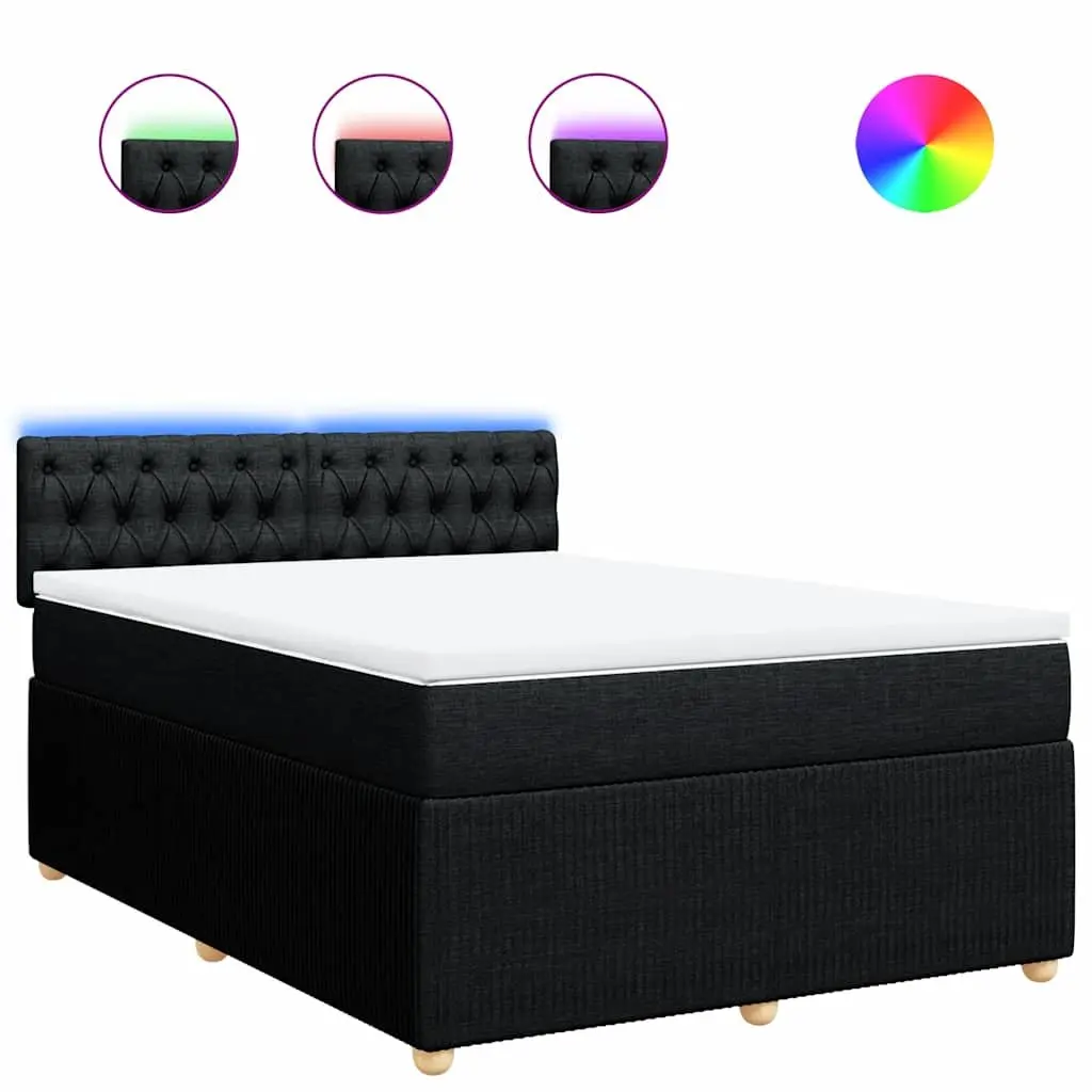 Double Box Spring Bed with Pocket Mattress Adjustable LED Lights Black Fabric Frame Double Size