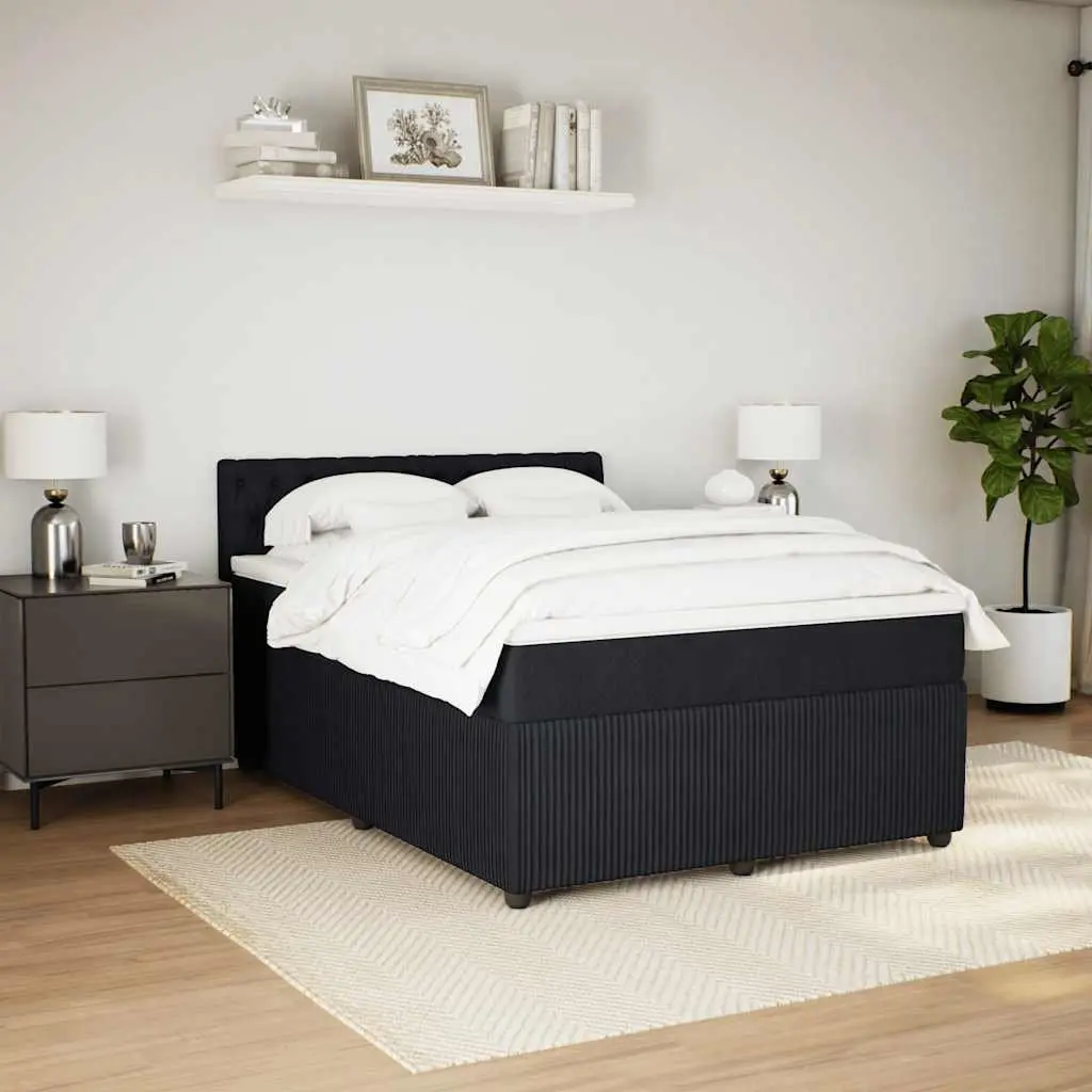 Double Box Spring Bed with Pocket Mattress Adjustable LED Lights Black Fabric Frame Double Size