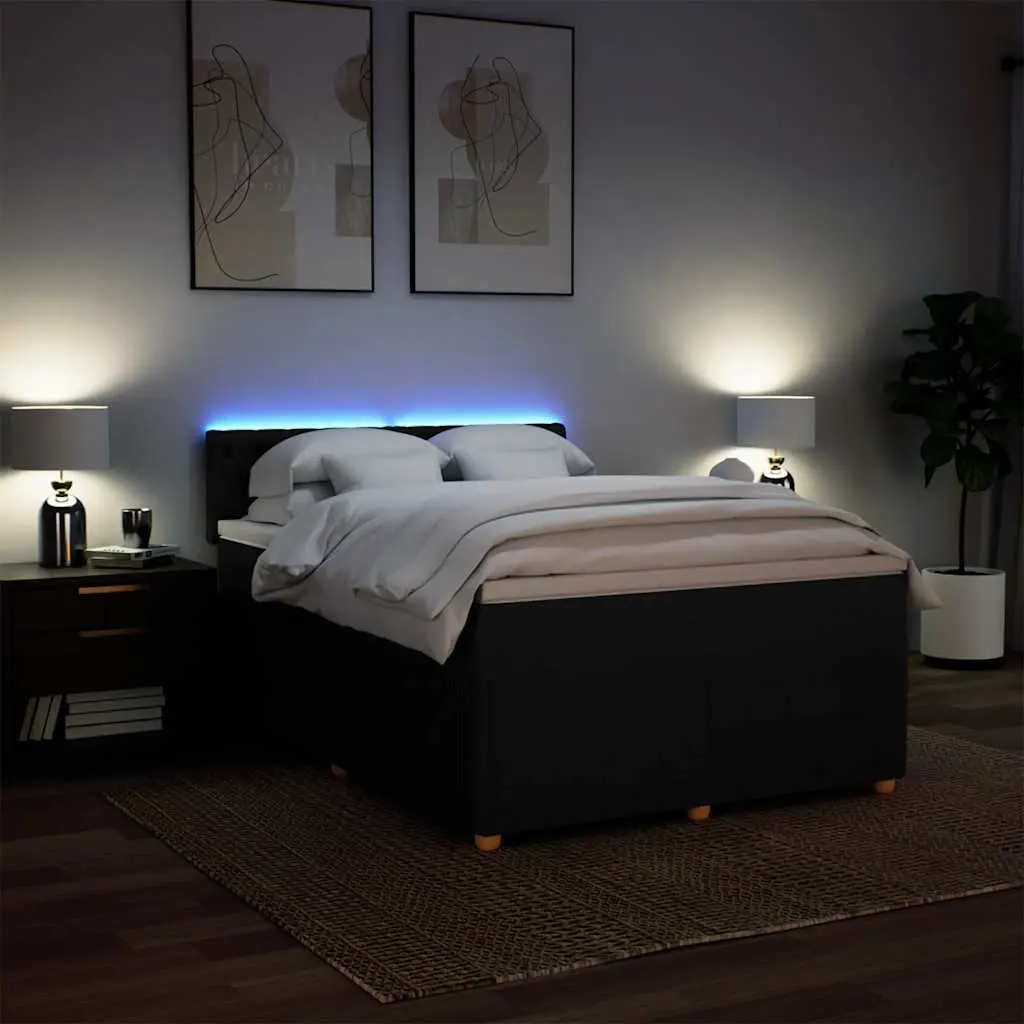Double Box Spring Bed with Pocket Mattress Adjustable LED Lights Black Fabric Frame Double Size