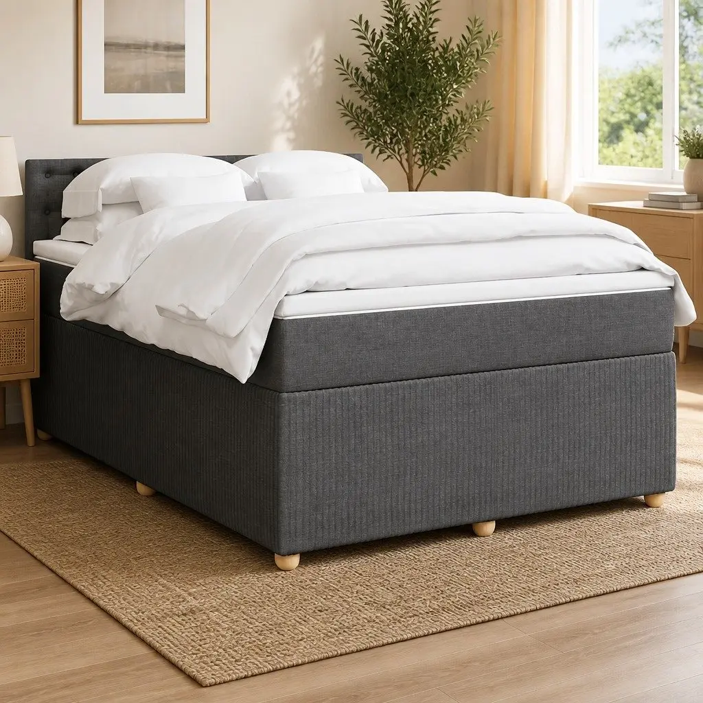 Queen Box Spring Bed with Pocket Spring Mattress LED Light Grey Fabric Frame