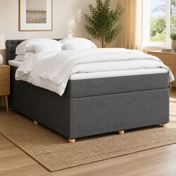 Queen Box Spring Bed with Pocket Spring Mattress LED Light Grey Fabric Frame