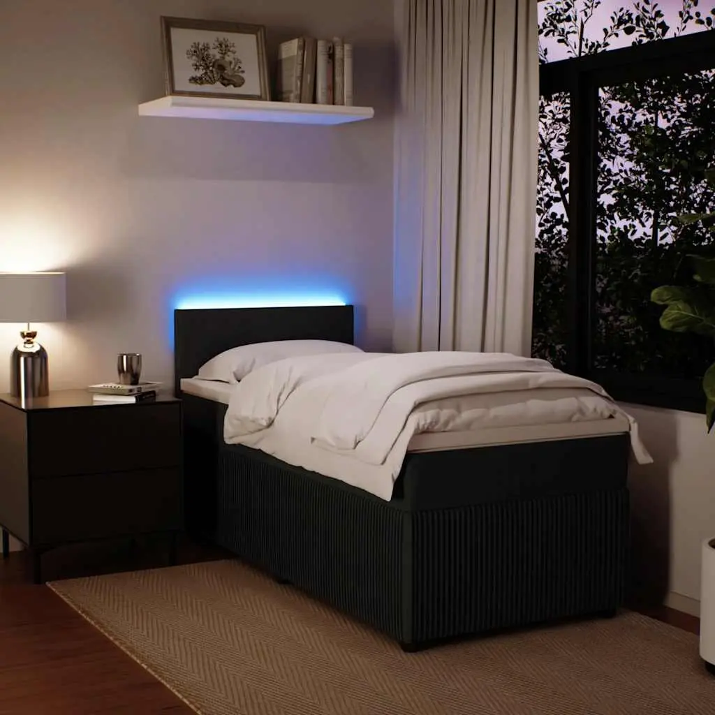 King Single Box Spring Bed with Velvet Upholstery Pocket Spring Mattress and LED Lights