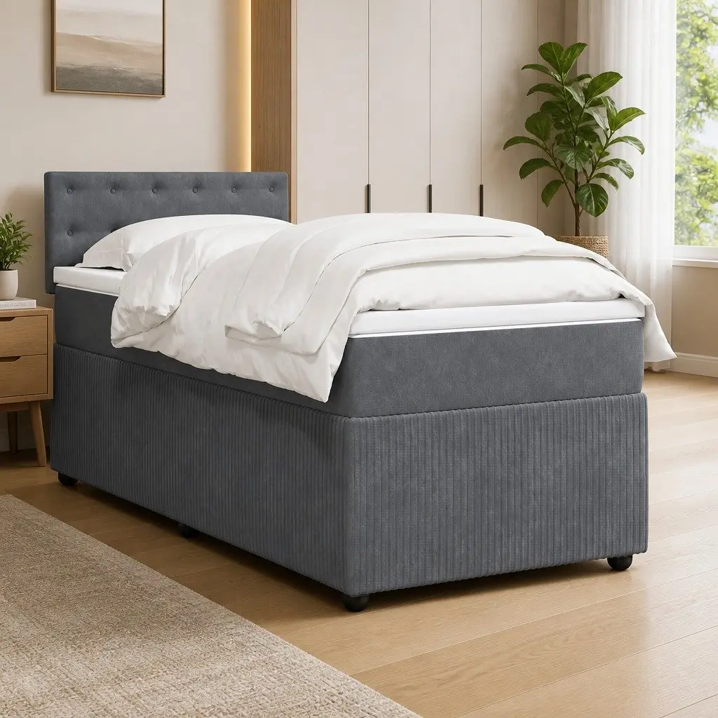 Box Spring Bed with Pocket Spring Mattress and LED Lights King Single Grey Velvet