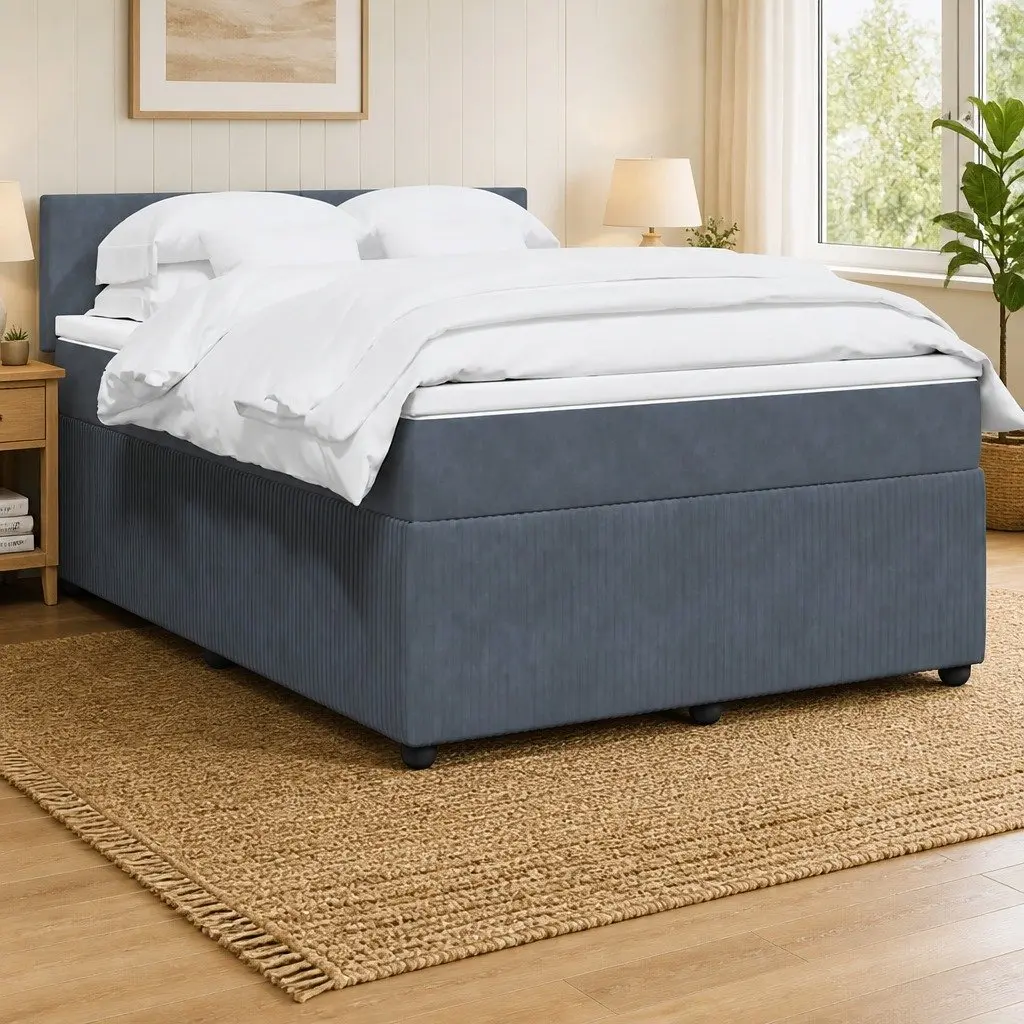 Double Box Spring Bed with Pocket Spring Mattress LED Lights Grey Velvet Double Size