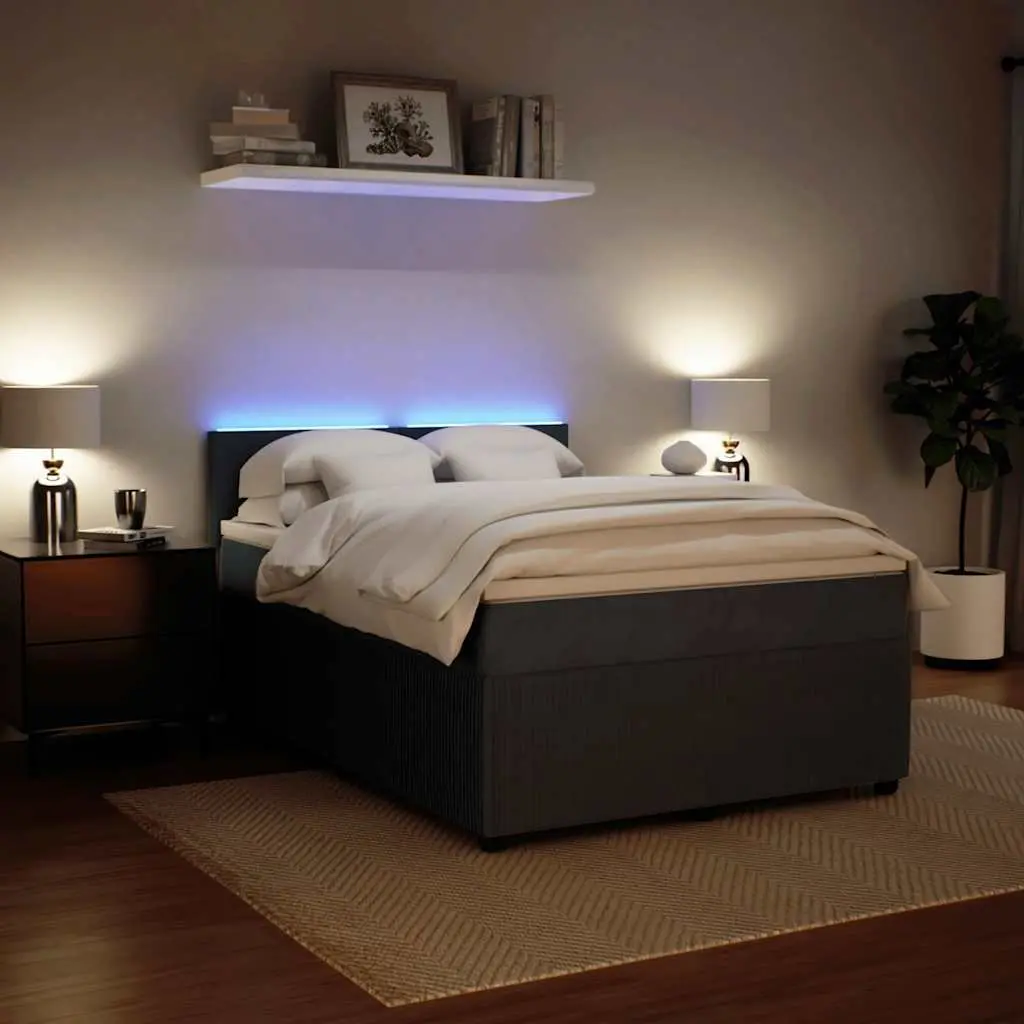 Double Box Spring Bed with Pocket Spring Mattress LED Lights Grey Velvet Double Size