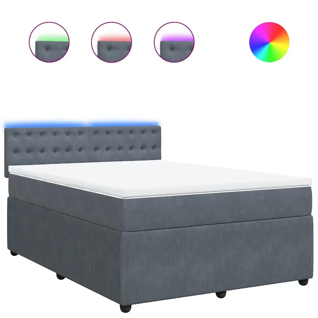 Box Spring Bed Pocket Mattress LED Lights Grey Velvet Double