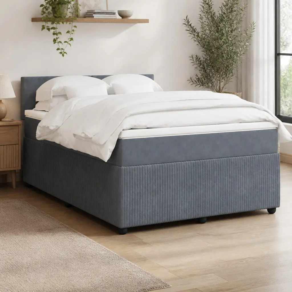 Queen Box Spring Bed Velvet Upholstered Pocket Mattress with LED Lights Grey