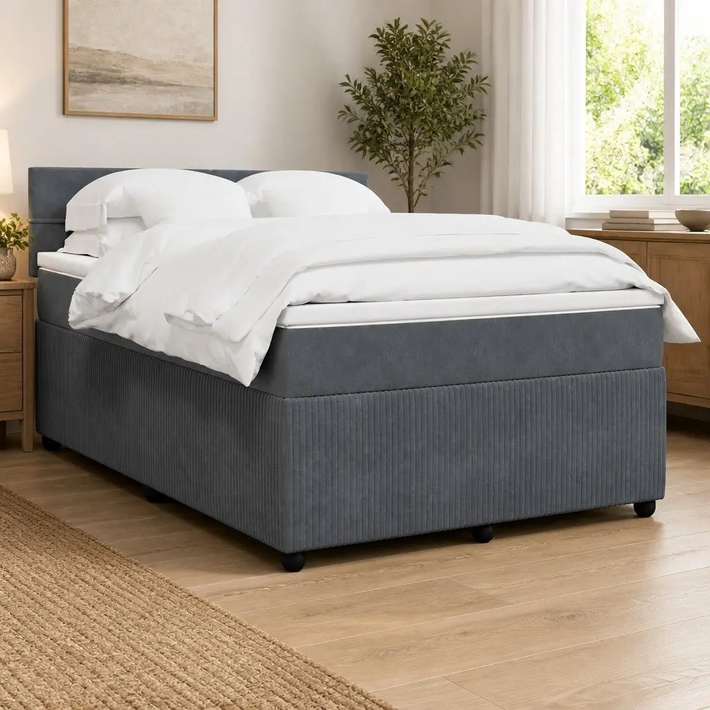 Queen Box Spring Bed with Pocket Spring Mattress and LED Lights Grey Velvet