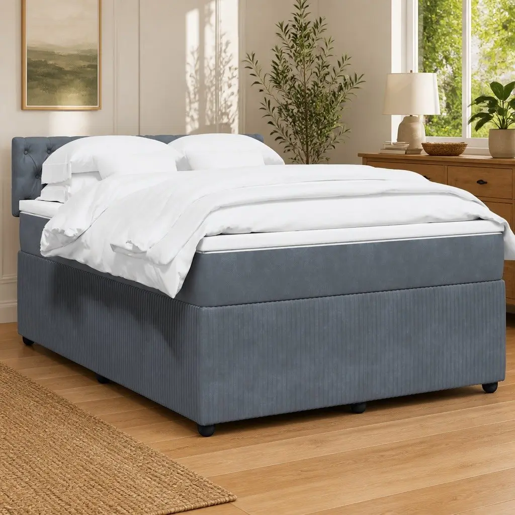 Queen Bed with Adjustable LED Lights Grey Velvet Pocket Spring Mattress