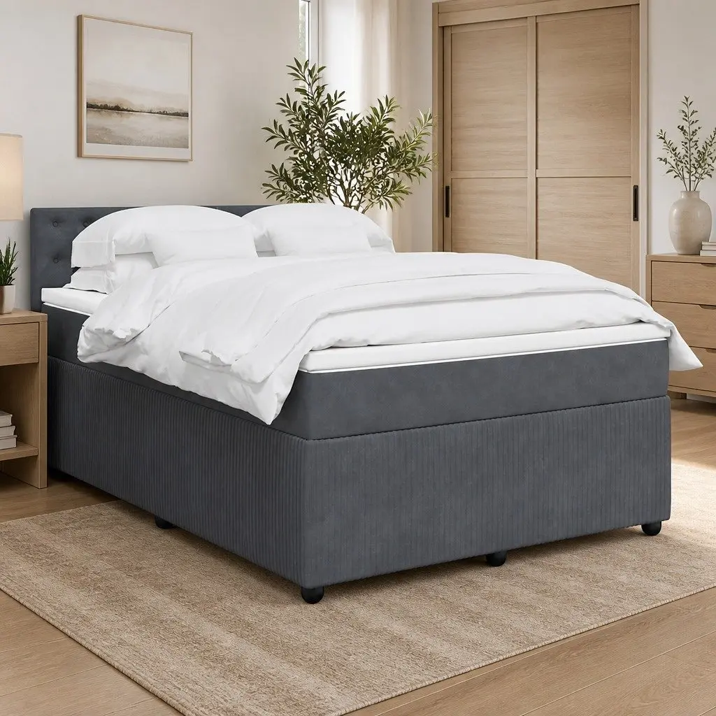 Queen Box Spring Bed Velvet Upholstered Frame Pocket Spring Mattress with LED Lights