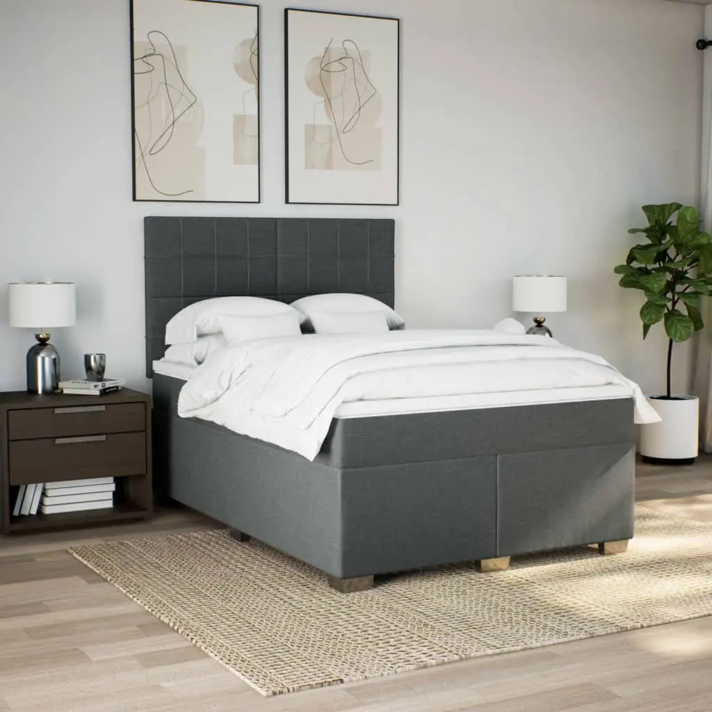 Queen Box Spring Bed with Pocket Mattress Height-Adjustable Headboard Grey
