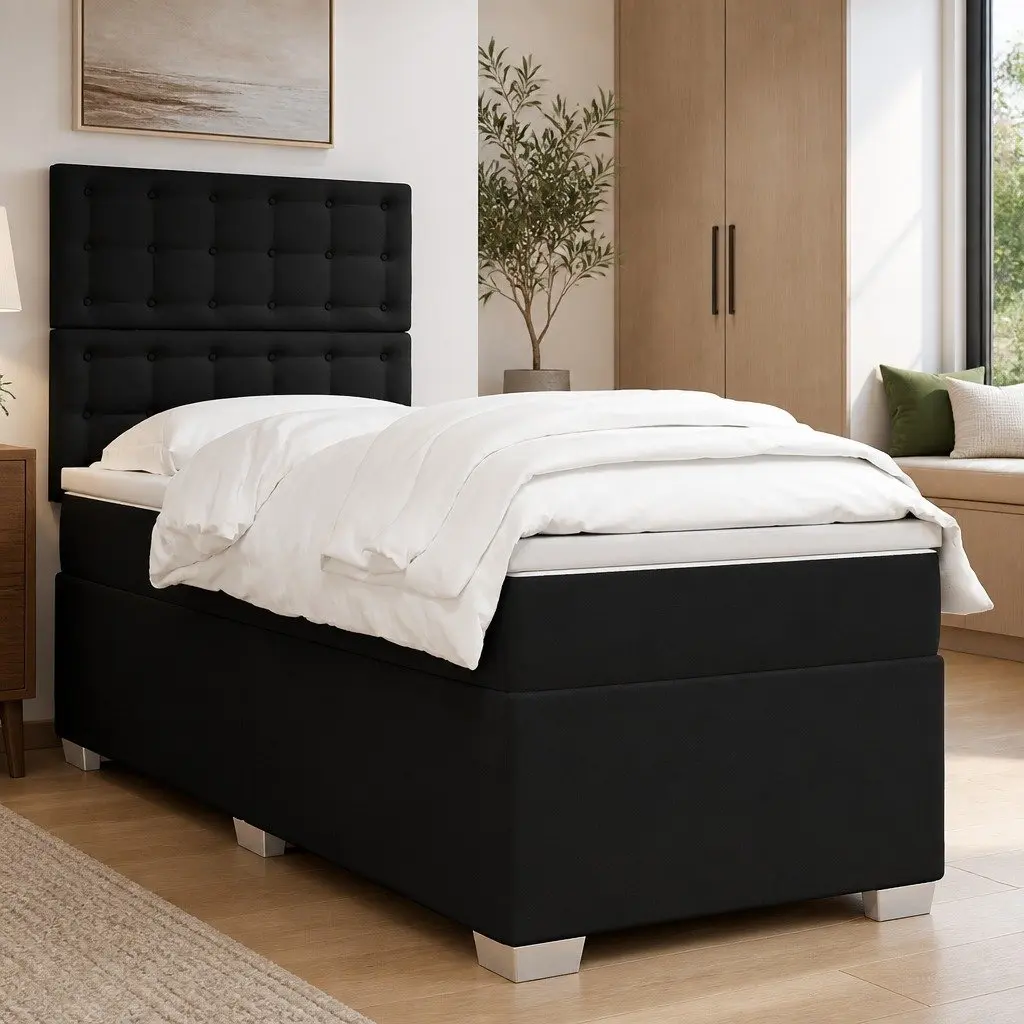 Box Spring Bed with Adjustable Headboard King Single Black Faux Leather