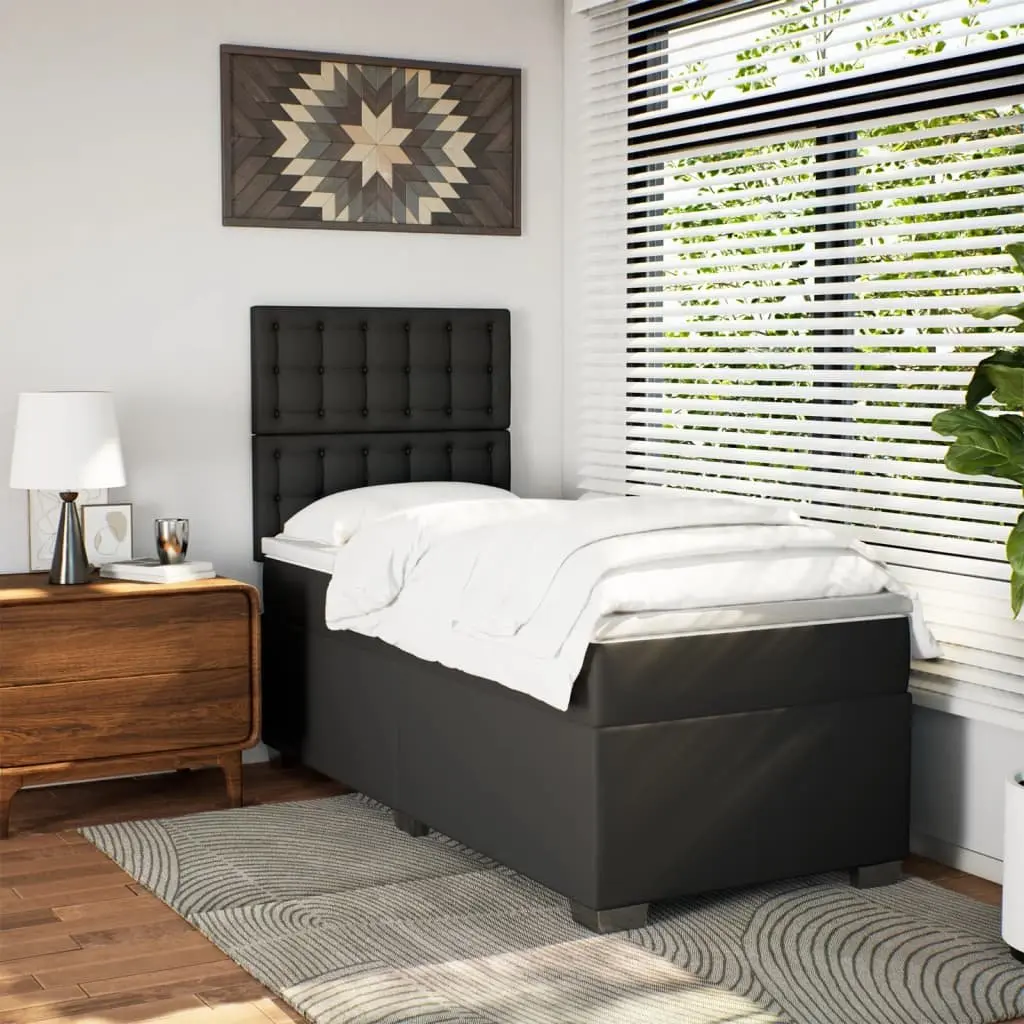 Box Spring Bed with Adjustable Headboard King Single Black Faux Leather