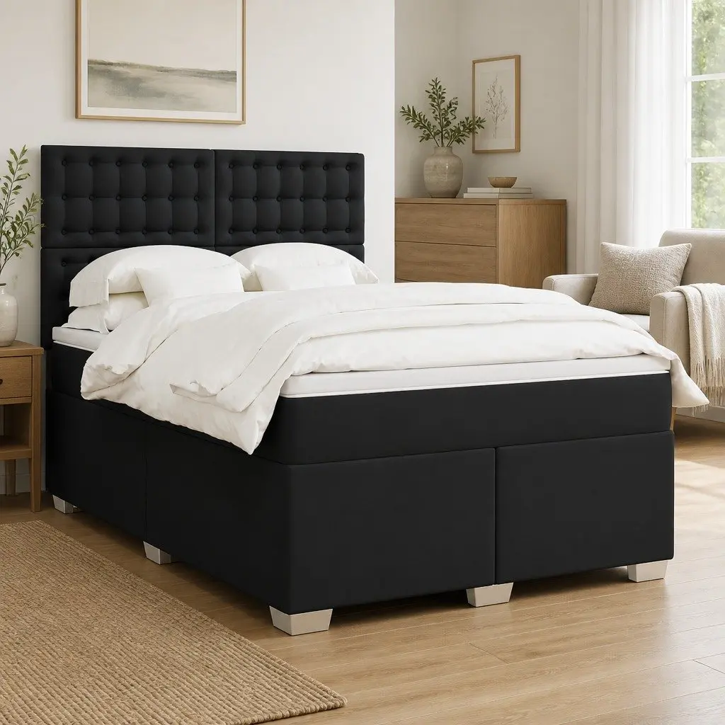 Queen Box Spring Bed Pocket Spring Mattress Adjustable Headboard Black Faux Leather Frame