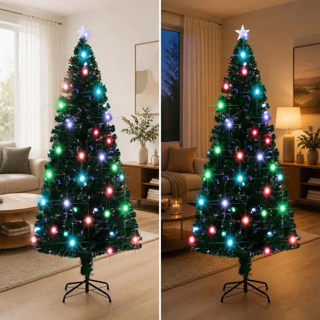 Artificial Christmas Tree 210cm Green with Snow-Covered Tips LED and Fibre Optic Dual Lighting