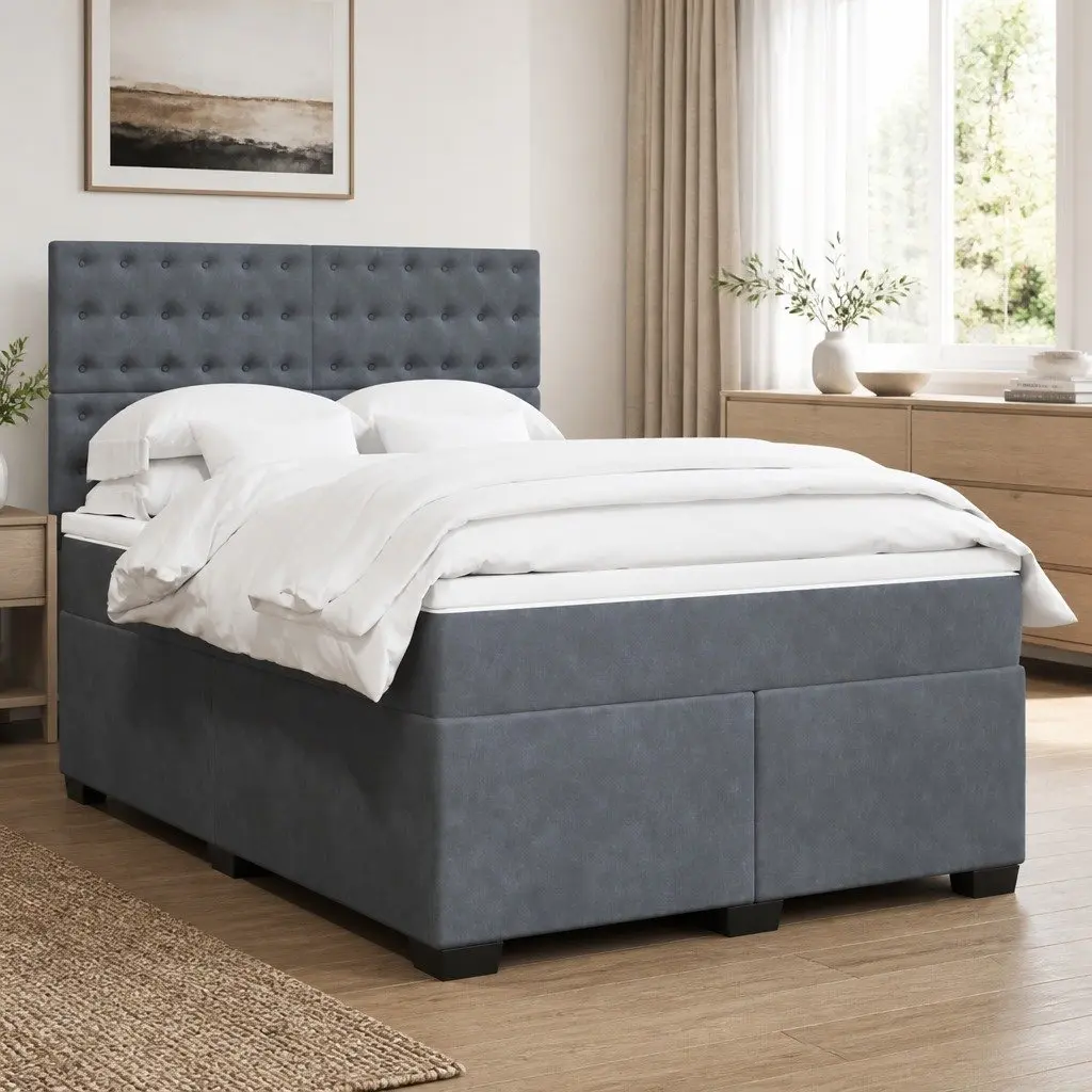 Double Box Spring Bed with Pocket Sprung Mattress Adjustable Grey Velvet