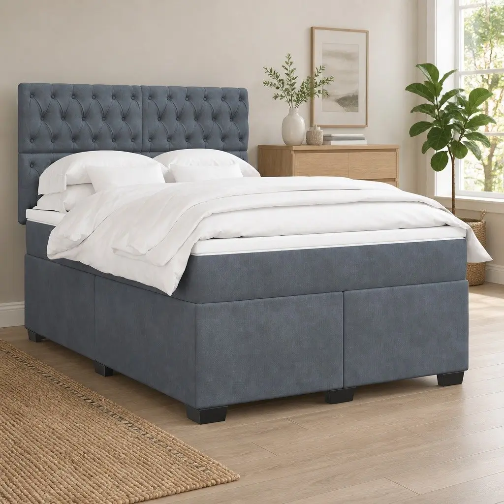 Queen Box Spring Bed Grey Velvet Adjustable Height with Pocket Spring Mattress