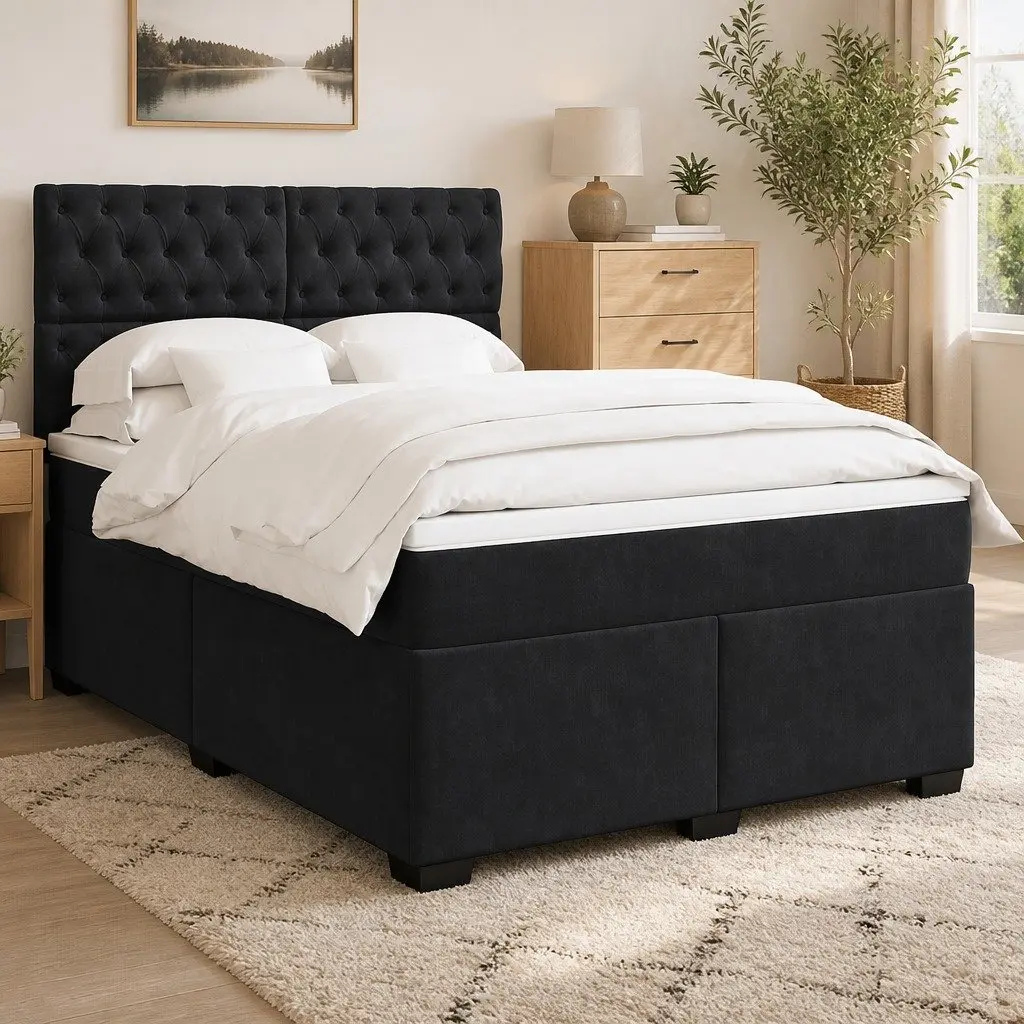 Queen Box Spring Bed Pocket Spring Mattress Black Velvet Adjustable Headboard