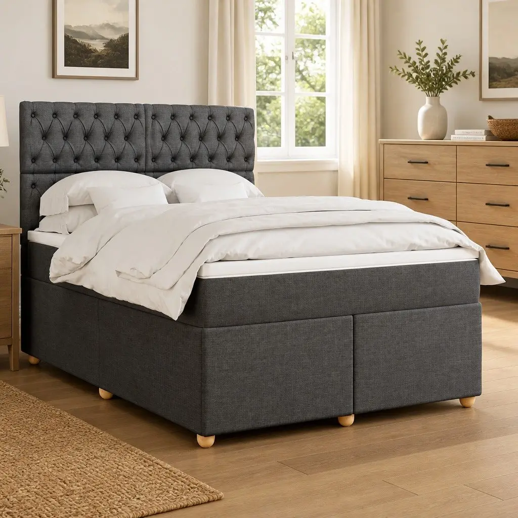 Queen Box Spring Bed Frame with Mattress Dark Grey Fabric
