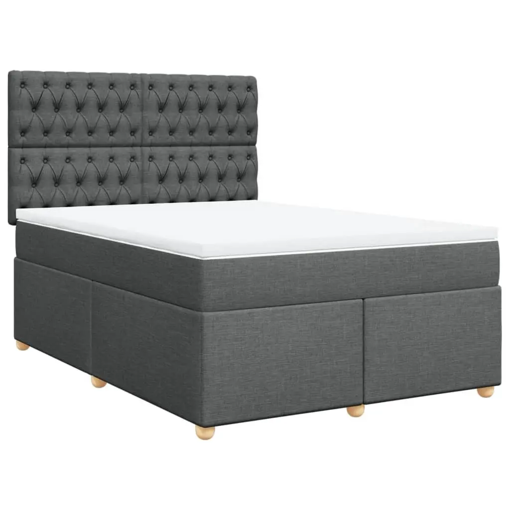 Queen Box Spring Bed Frame with Mattress Dark Grey Fabric