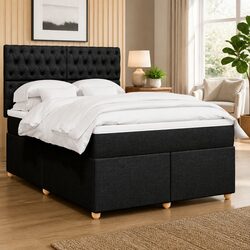 Queen Box Spring Bed with Pocket Mattress Height-Adjustable Headboard Black